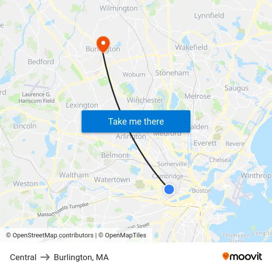 Central to Burlington, MA map