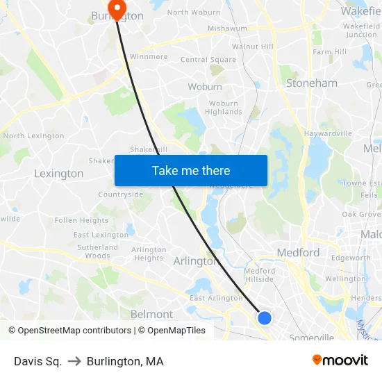 Davis Sq. to Burlington, MA map