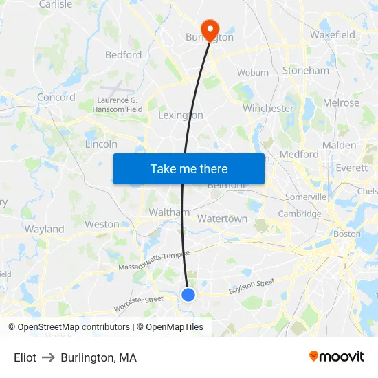 Eliot to Burlington, MA map