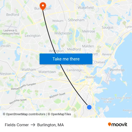 Fields Corner to Burlington, MA map