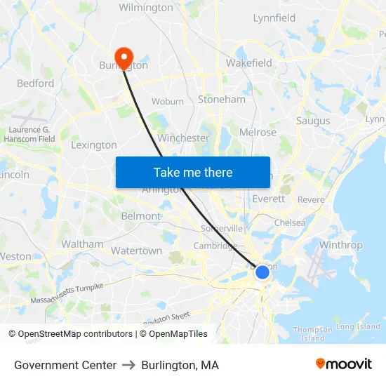 Government Center to Burlington, MA map