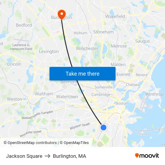 Jackson Square to Burlington, MA map