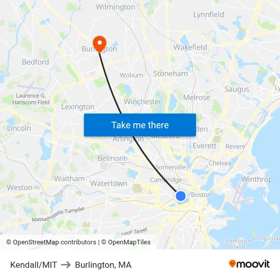 Kendall/MIT to Burlington, MA map