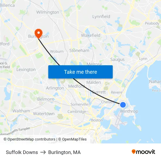 Suffolk Downs to Burlington, MA map