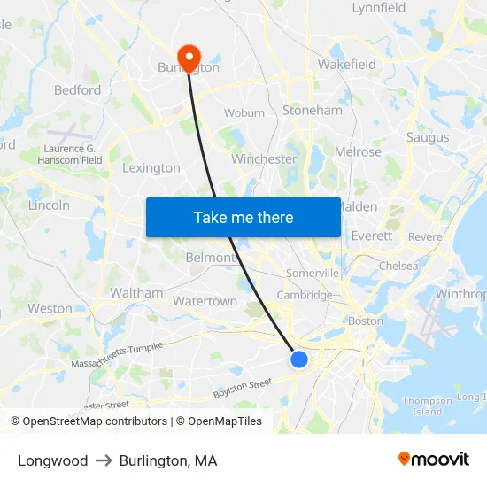 Longwood to Burlington, MA map
