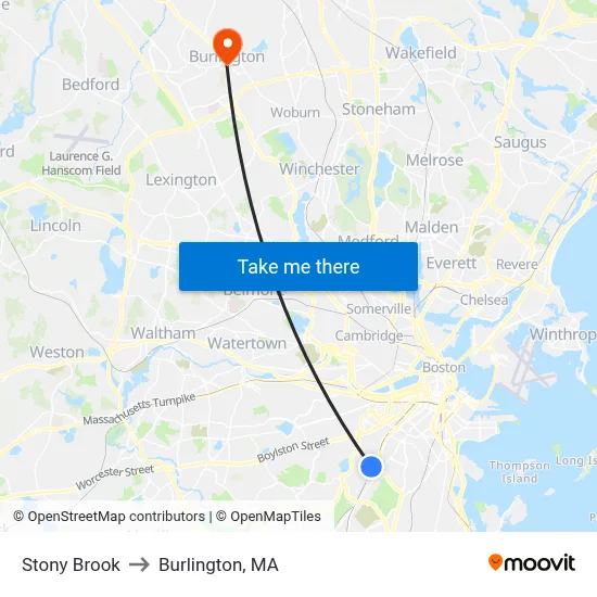 Stony Brook to Burlington, MA map