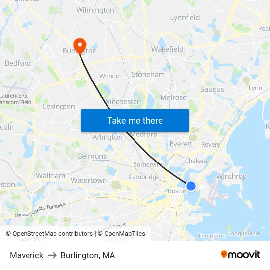 Maverick to Burlington, MA map