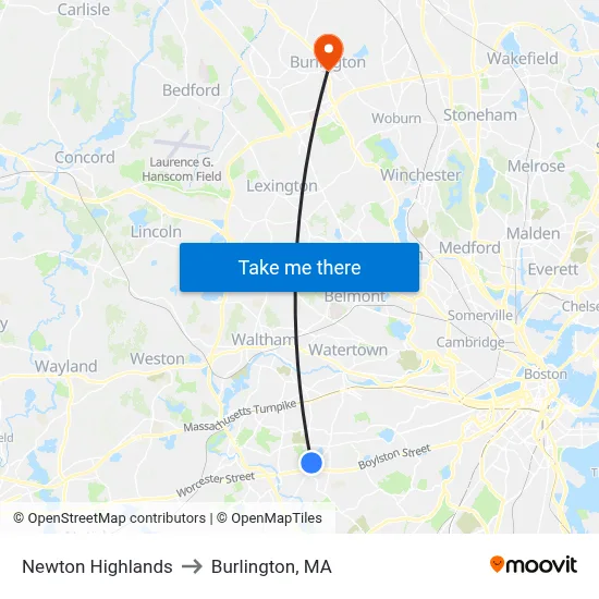 Newton Highlands to Burlington, MA map