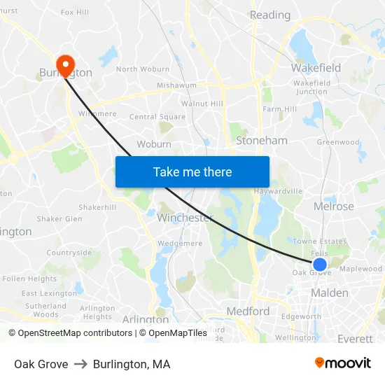 Oak Grove to Burlington, MA map