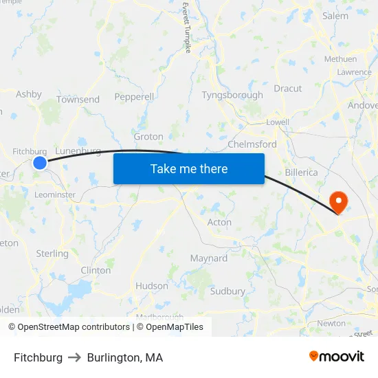 Fitchburg to Burlington, MA map