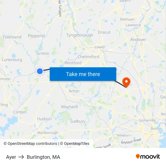 Ayer to Burlington, MA map
