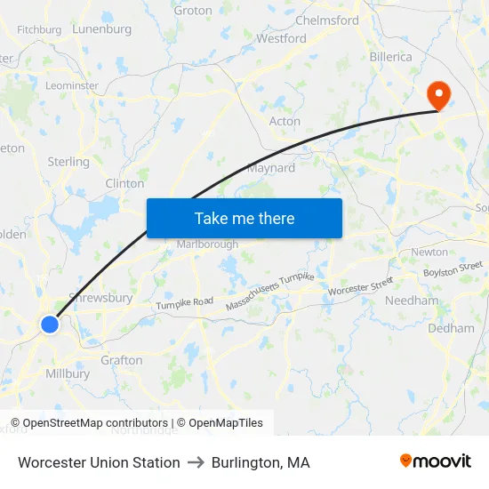 Worcester Union Station to Burlington, MA map