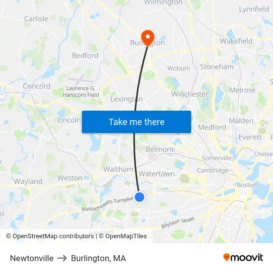 Newtonville to Burlington, MA map