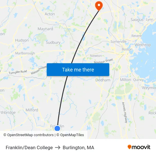 Franklin/Dean College to Burlington, MA map
