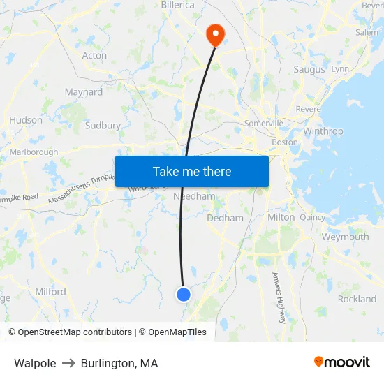 Walpole to Burlington, MA map