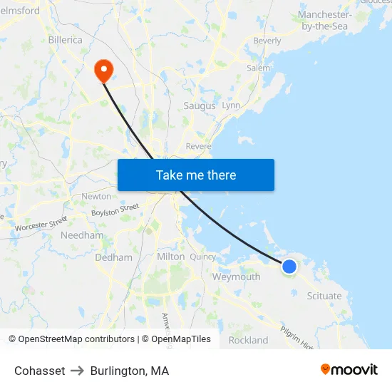 Cohasset to Burlington, MA map