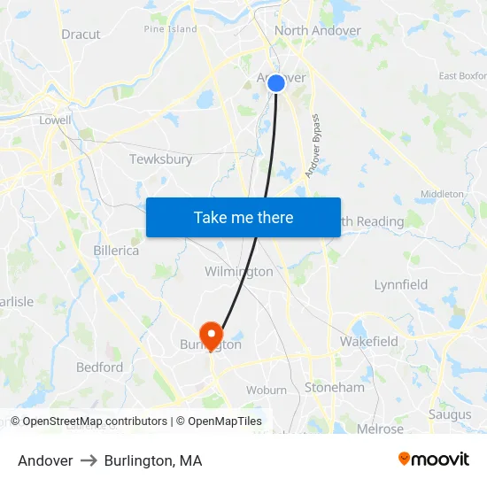 Andover to Burlington, MA map