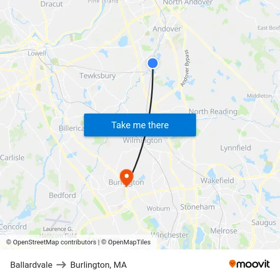 Ballardvale to Burlington, MA map