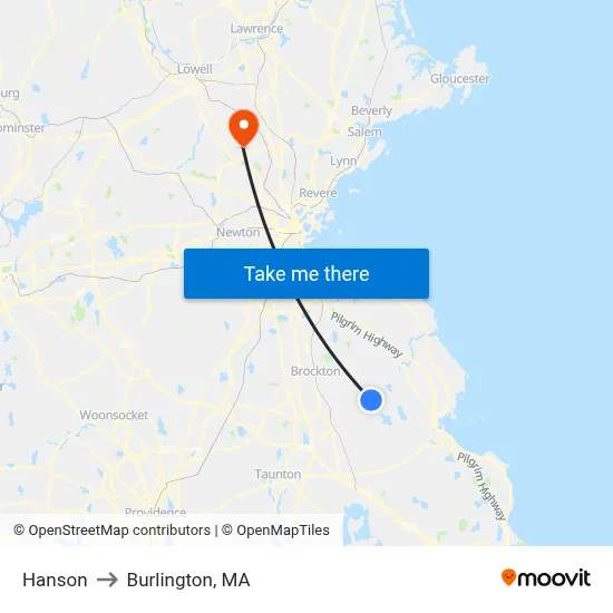 Hanson to Burlington, MA map