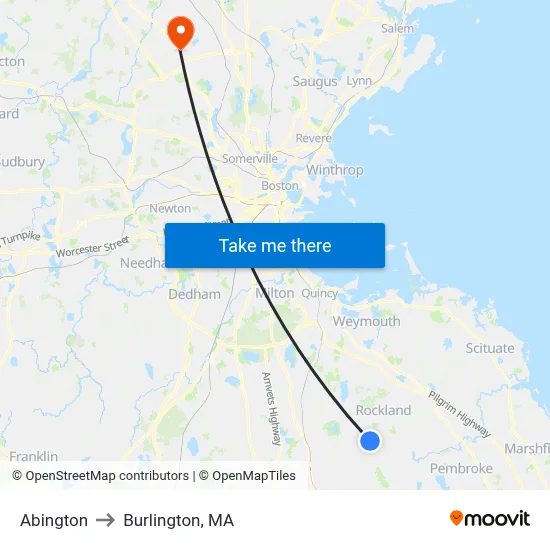 Abington to Burlington, MA map