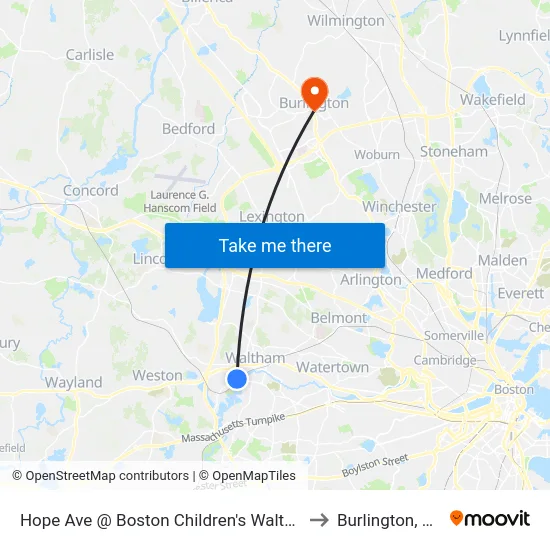 Hope Ave @ Boston Children's Waltham to Burlington, MA map