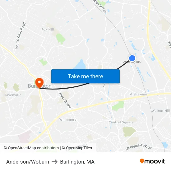 Anderson/Woburn to Burlington, MA map
