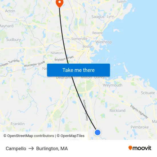 Campello to Burlington, MA map