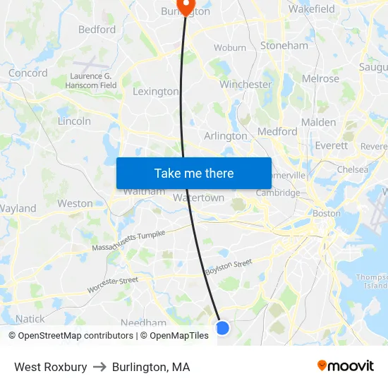 West Roxbury to Burlington, MA map
