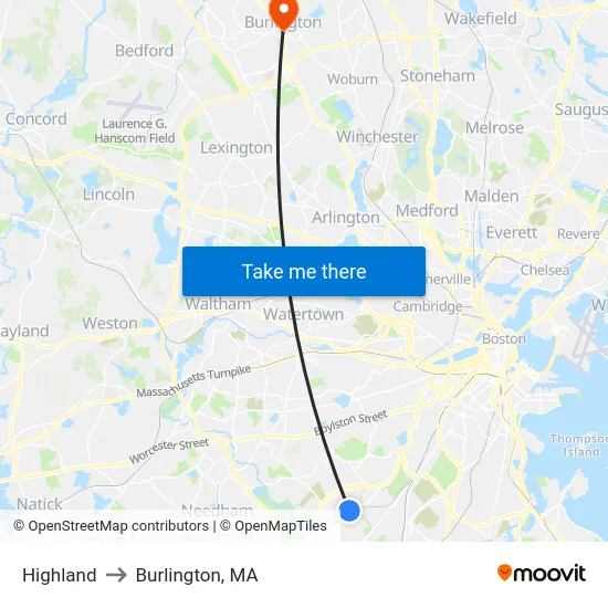 Highland to Burlington, MA map