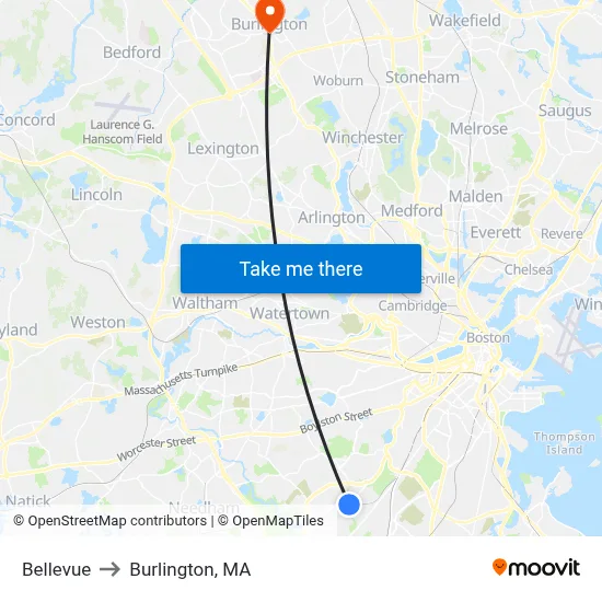 Bellevue to Burlington, MA map