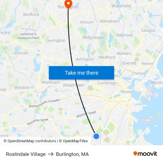 Roslindale Village to Burlington, MA map