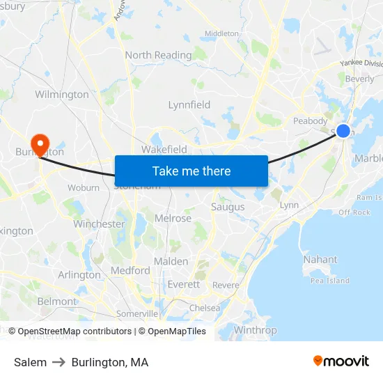 Salem to Burlington, MA map