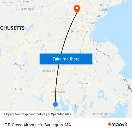 T.F. Green Airport to Burlington, MA map