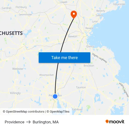 Providence to Burlington, MA map