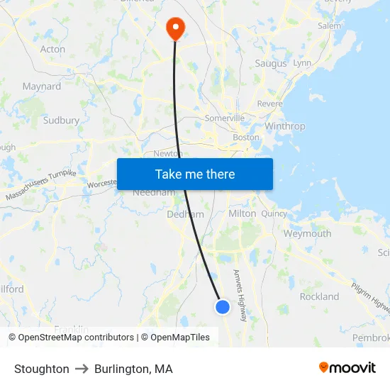 Stoughton to Burlington, MA map