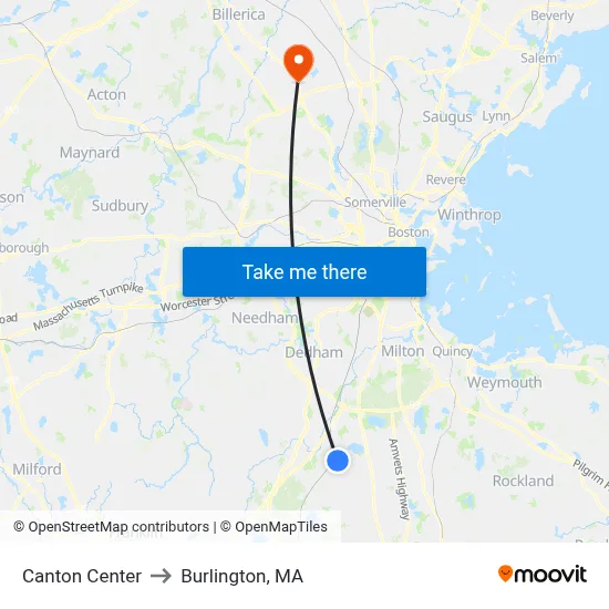 Canton Center to Burlington, MA map