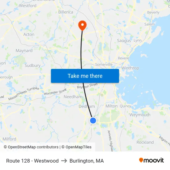 Route 128 - Westwood to Burlington, MA map