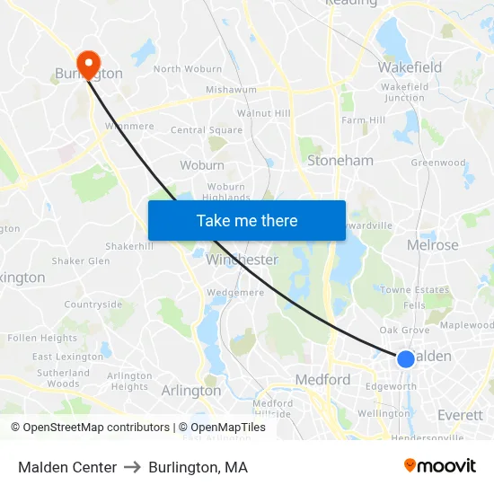 Malden Center to Burlington, MA map