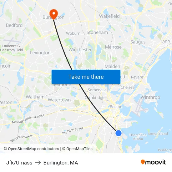 Jfk/Umass to Burlington, MA map