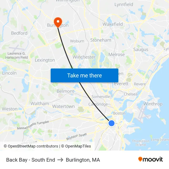 Back Bay - South End to Burlington, MA map