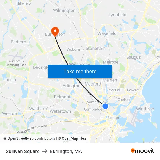 Sullivan Square to Burlington, MA map