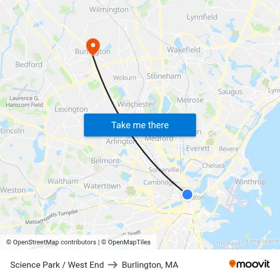 Science Park / West End to Burlington, MA map