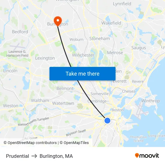 Prudential to Burlington, MA map