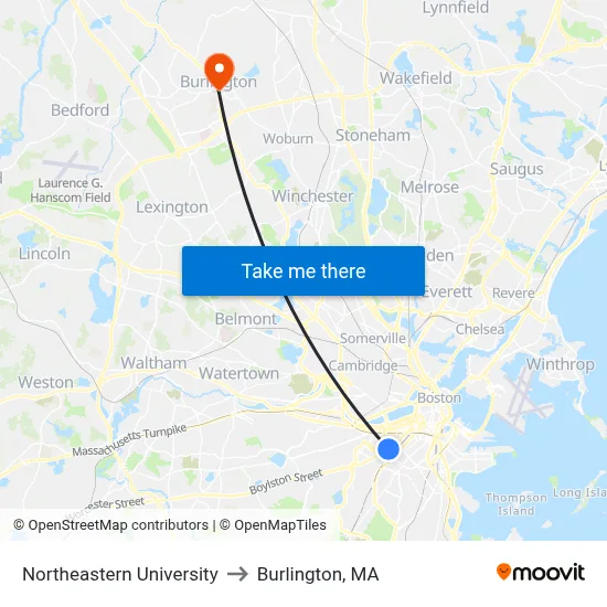 Northeastern University to Burlington, MA map