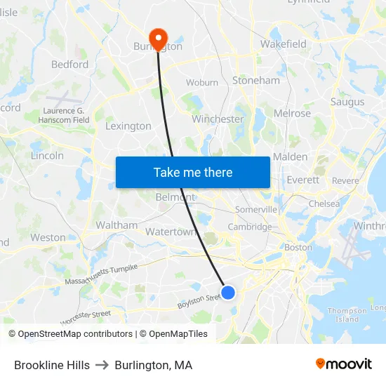 Brookline Hills to Burlington, MA map