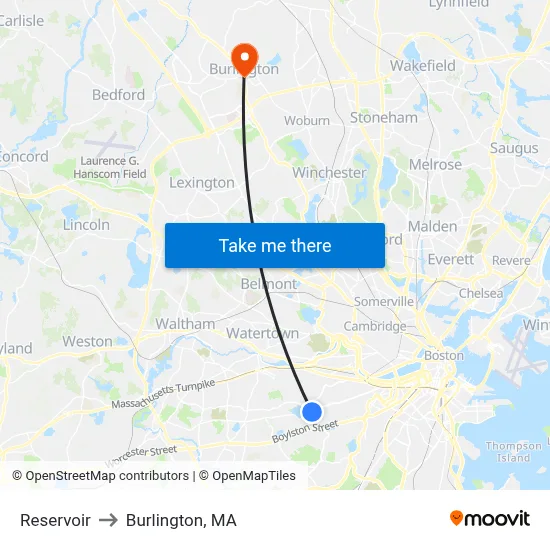 Reservoir to Burlington, MA map