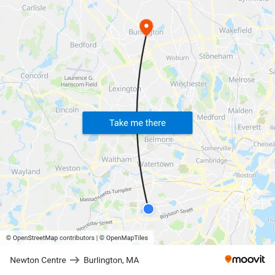 Newton Centre to Burlington, MA map