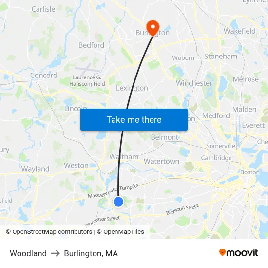 Woodland to Burlington, MA map