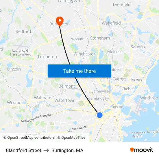 Blandford Street to Burlington, MA map