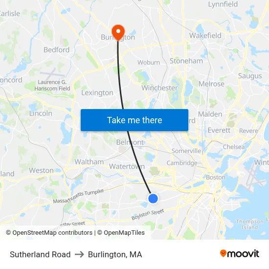 Sutherland Road to Burlington, MA map
